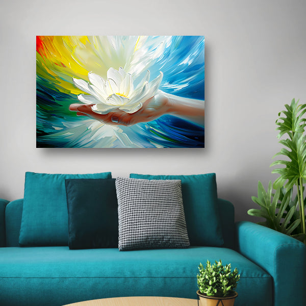 Abstracte kleurrijke bloem in een hand poster