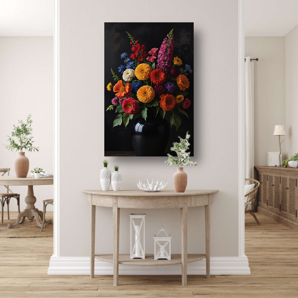 Een symfonie van bloemen in donkere elegantie canvas
