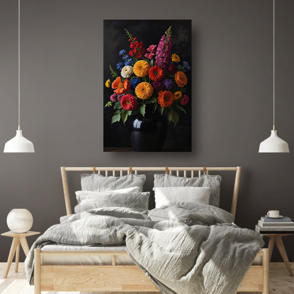 Een symfonie van bloemen in donkere elegantie canvas