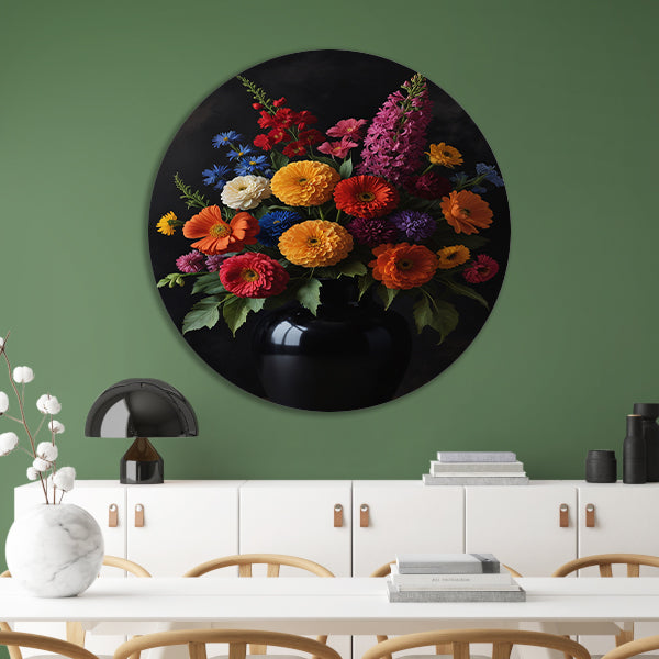 Een symfonie van bloemen in donkere elegantie aluminium muurcirkel