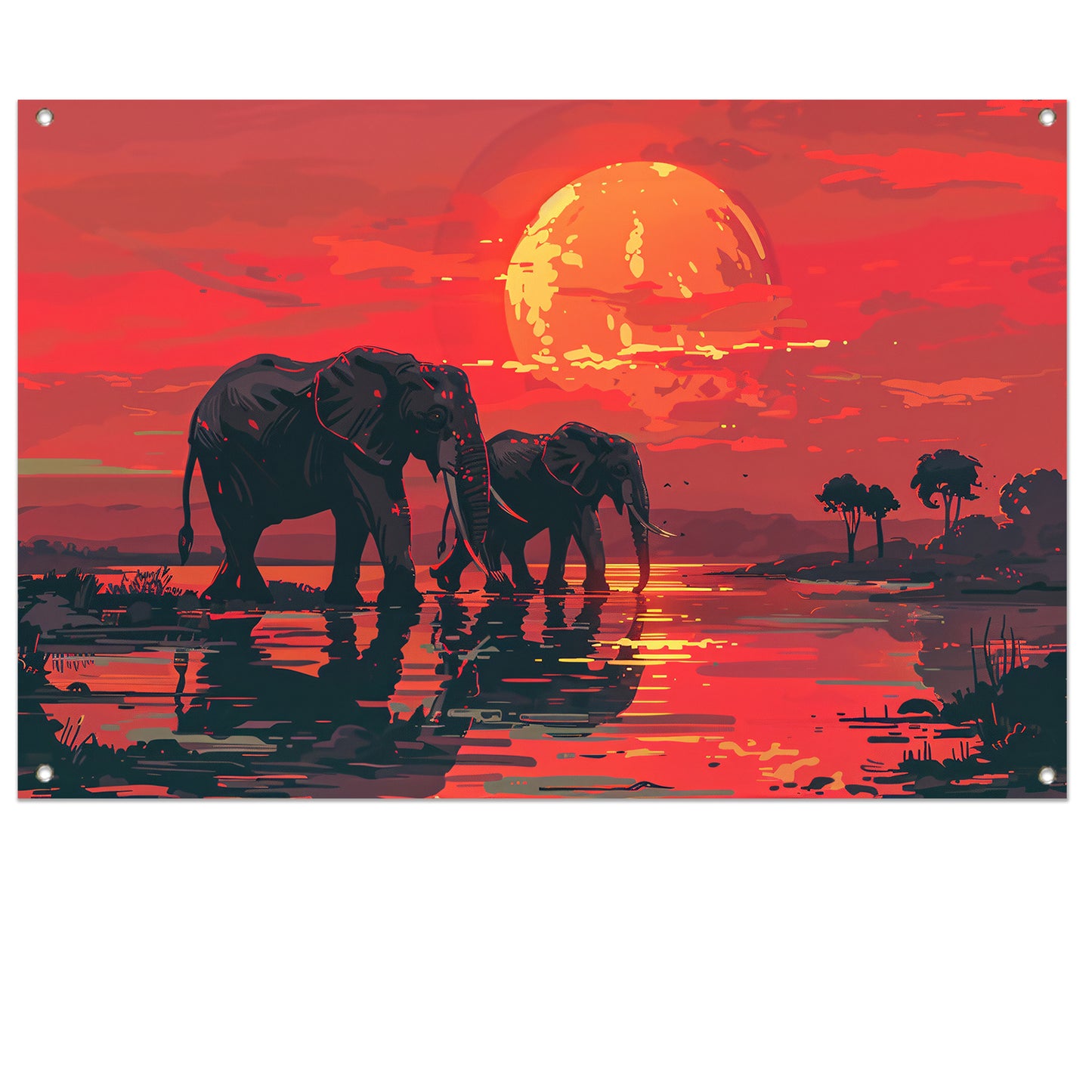 Olifanten bij zonsondergang tuinposter