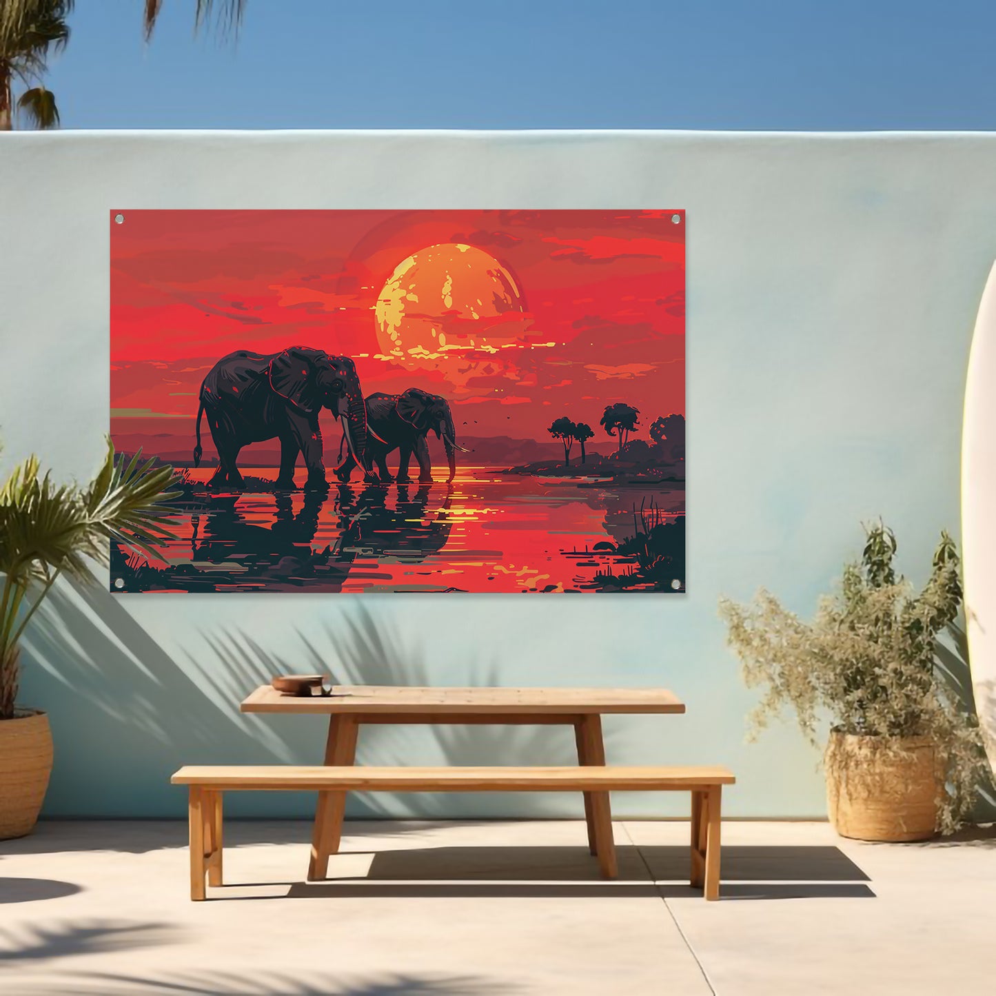 Olifanten bij zonsondergang tuinposter