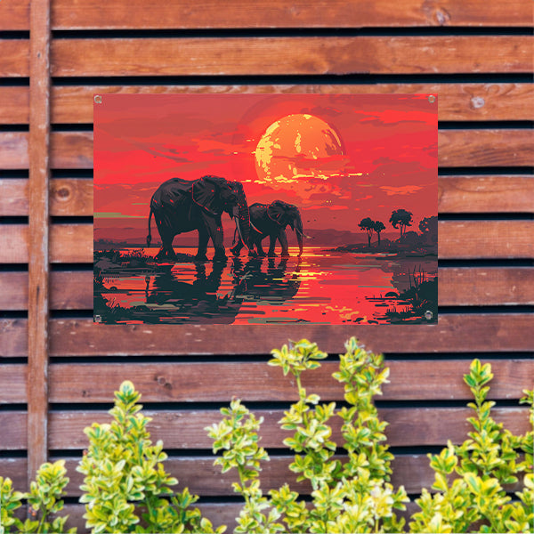 Olifanten bij zonsondergang tuinposter