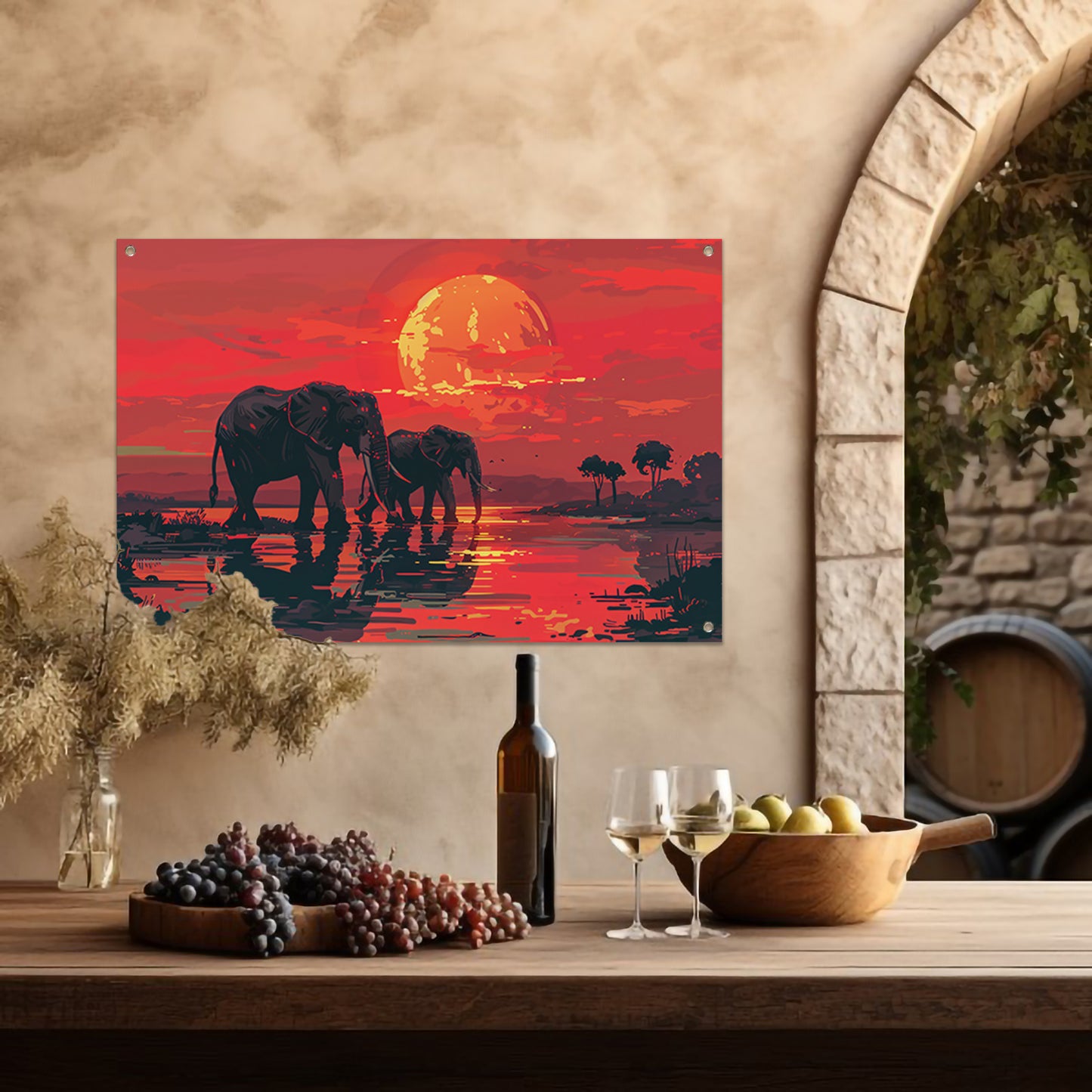 Olifanten bij zonsondergang tuinposter