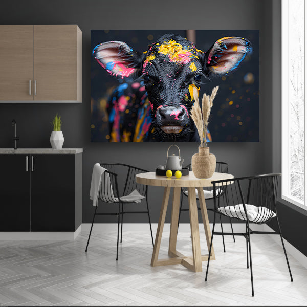 Abstract koe met verfspatten canvas