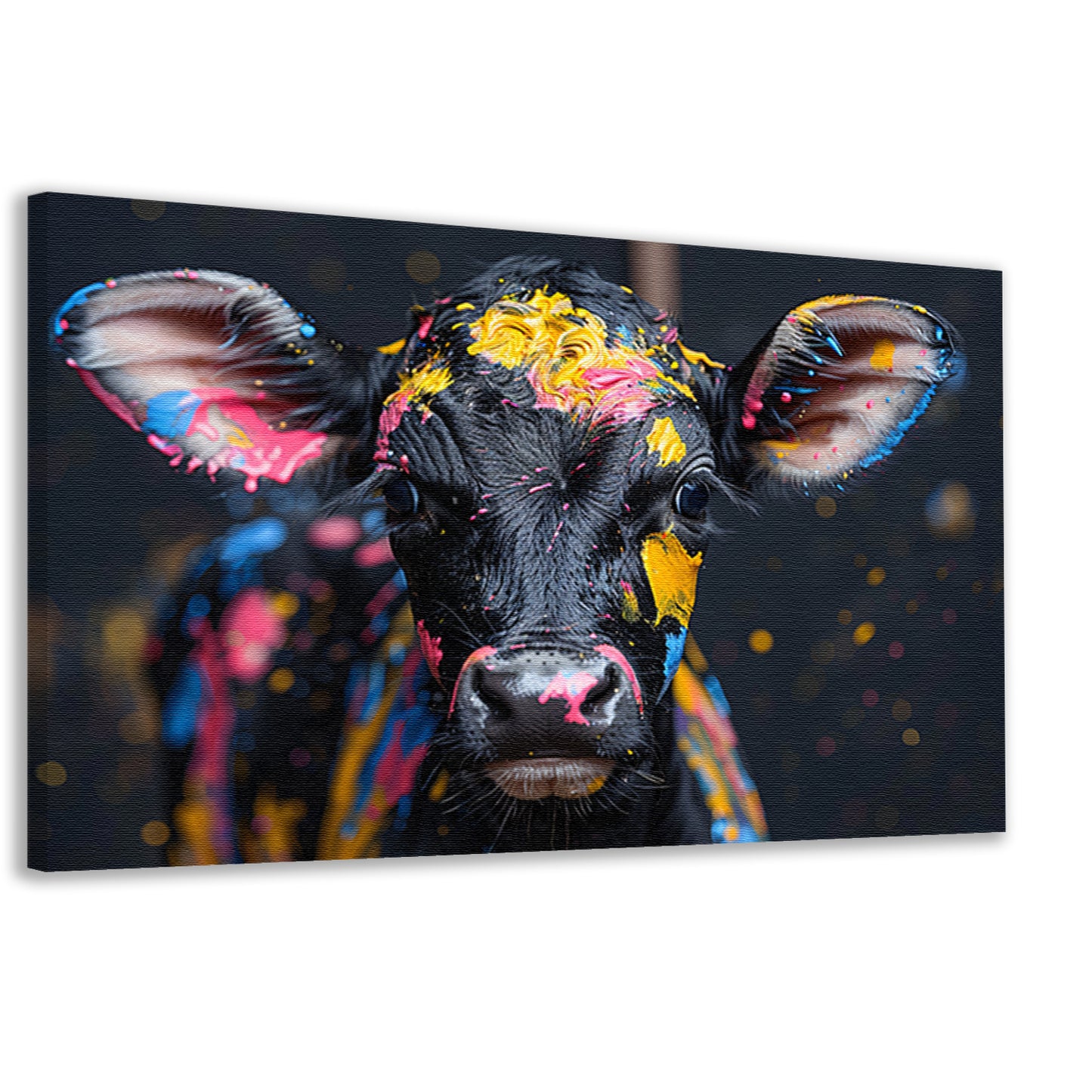 Abstract koe met verfspatten canvas