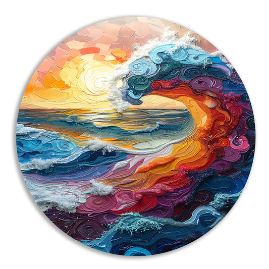 Kleurrijk golf bij zonsondergang aluminium muurcirkel