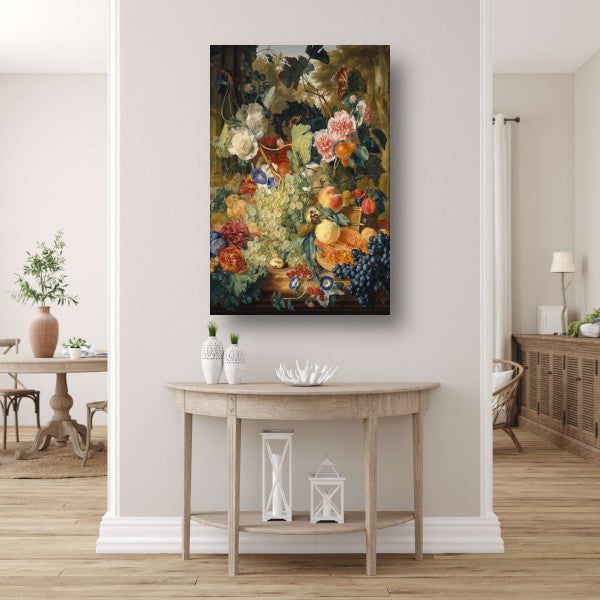 Stilleven van bloemen en fruit op een marmeren plaat - Jan van Huysum canvas