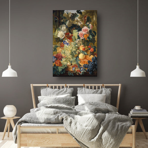 Stilleven van bloemen en fruit op een marmeren plaat - Jan van Huysum canvas