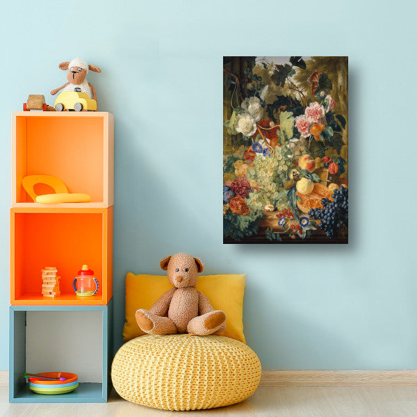 Stilleven van bloemen en fruit op een marmeren plaat - Jan van Huysum canvas