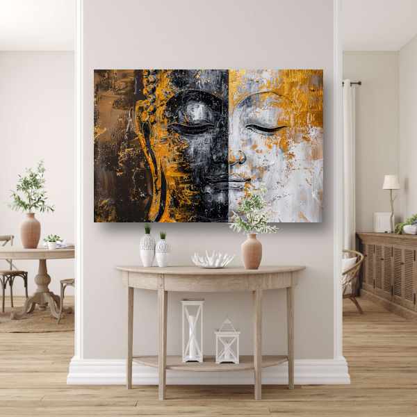 Abstracte Visie op Boeddha met Gouden en Zwarte Tinten poster