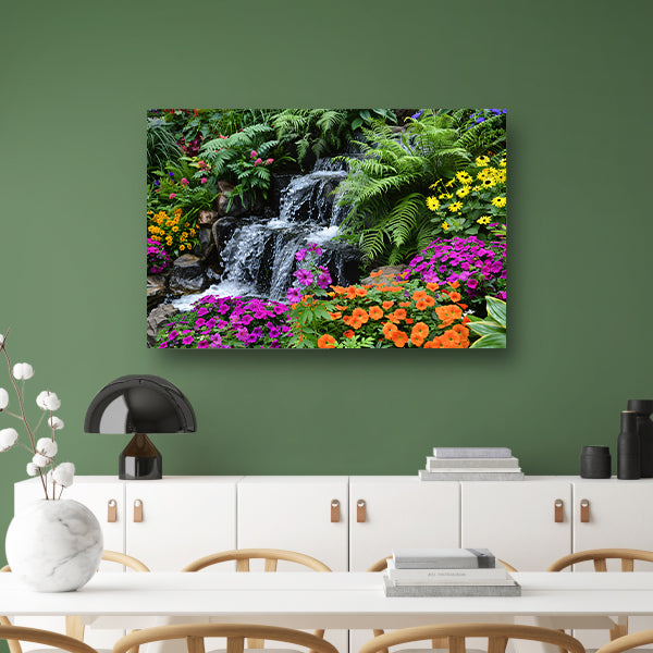 Waterval in kleurrijke bloementuin canvas