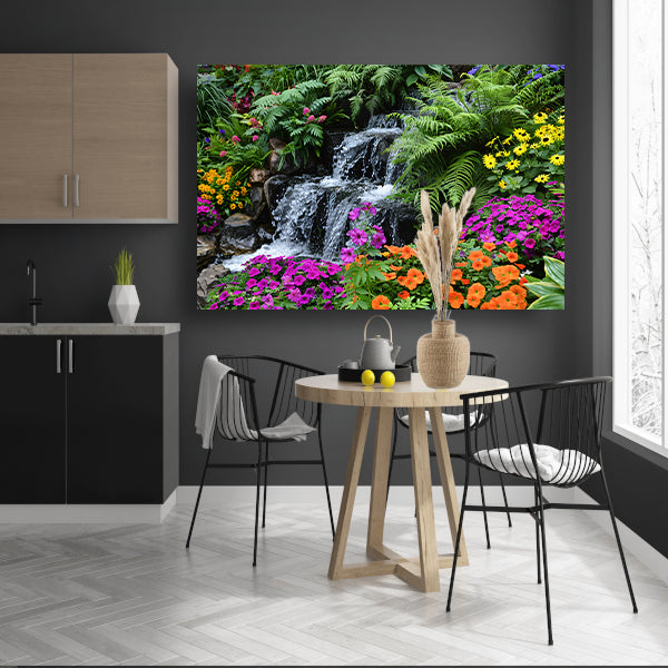 Waterval in kleurrijke bloementuin canvas