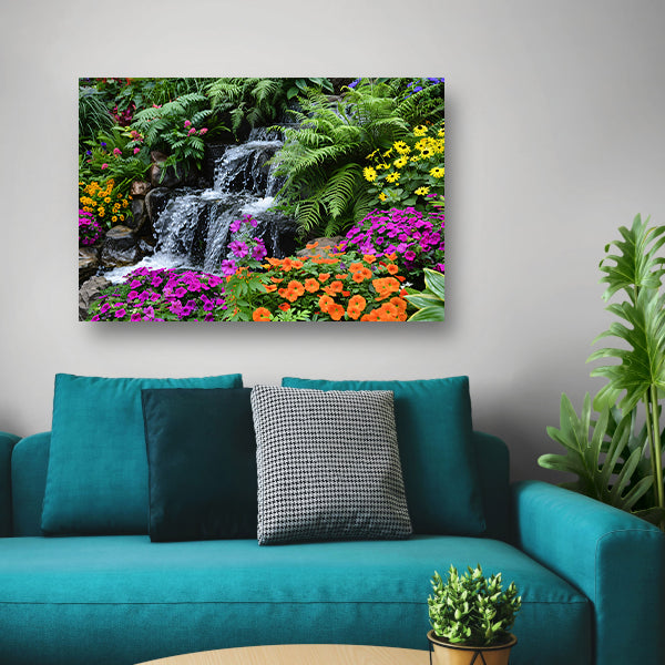 Waterval in kleurrijke bloementuin canvas