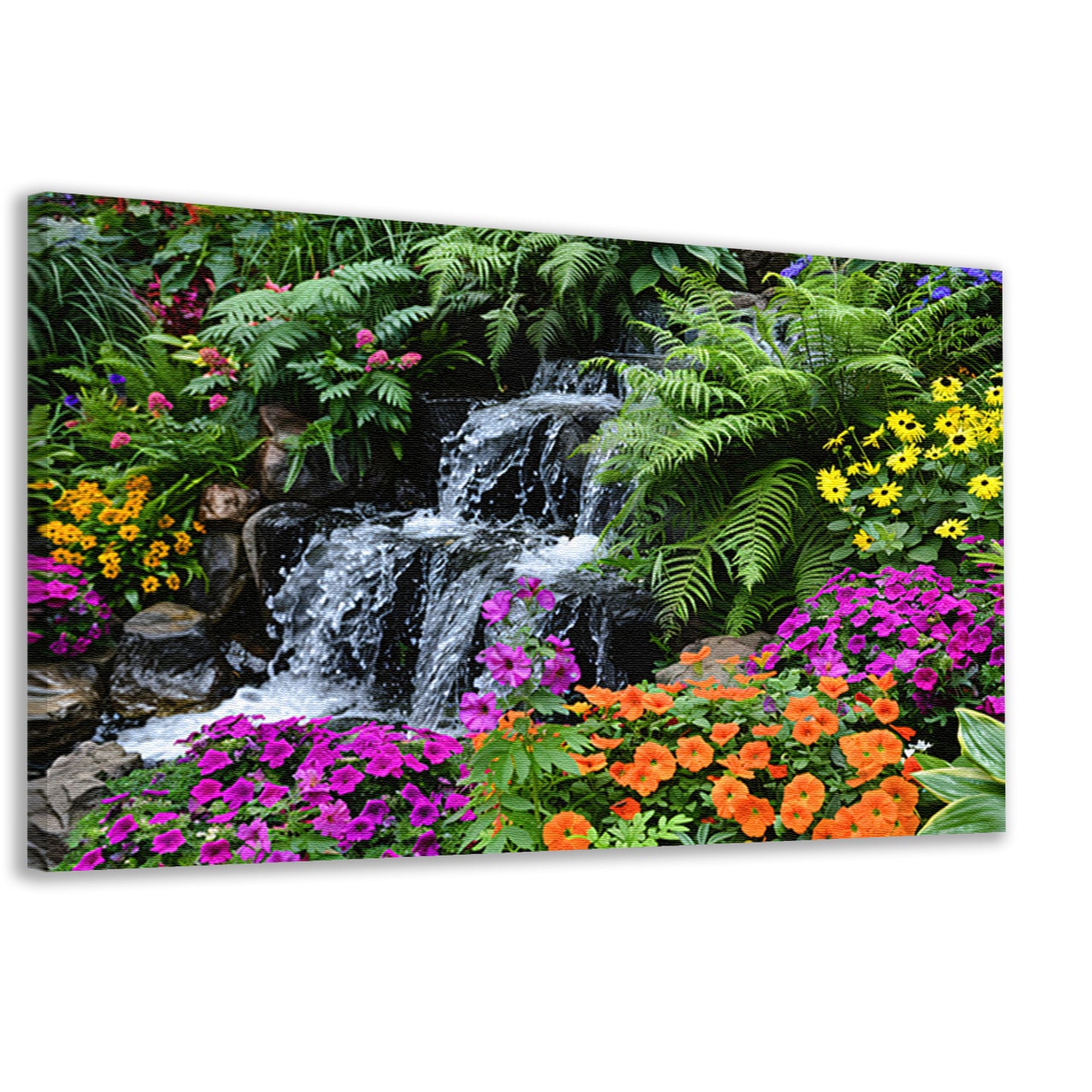 Waterval in kleurrijke bloementuin canvas