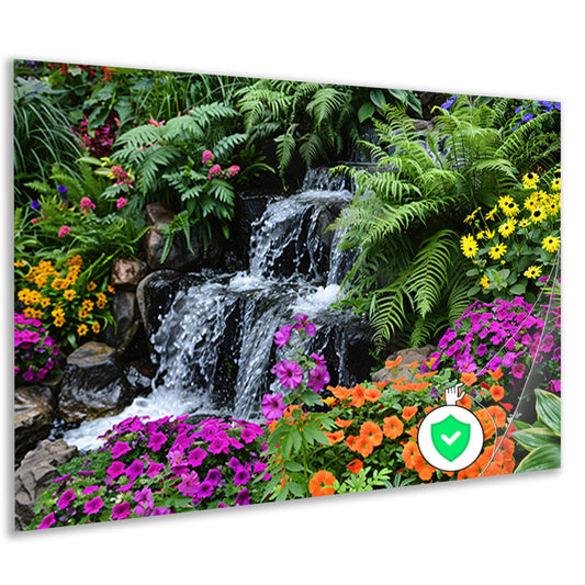 Waterval in kleurrijke bloementuin poster