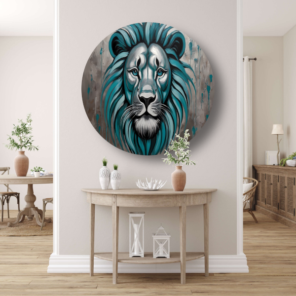 Turkoois en Zilver Abstracte Leeuw aluminium muurcirkel