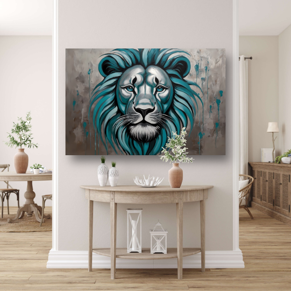 Turkoois en Zilver Abstracte Leeuw canvas met baklijst