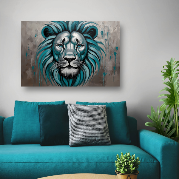 Turkoois en Zilver Abstracte Leeuw canvas met baklijst