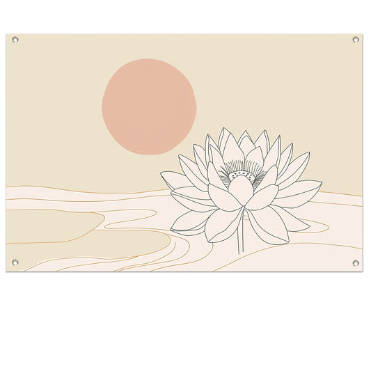 Minimalistische lotus bij zonsopgang tekening tuinposter