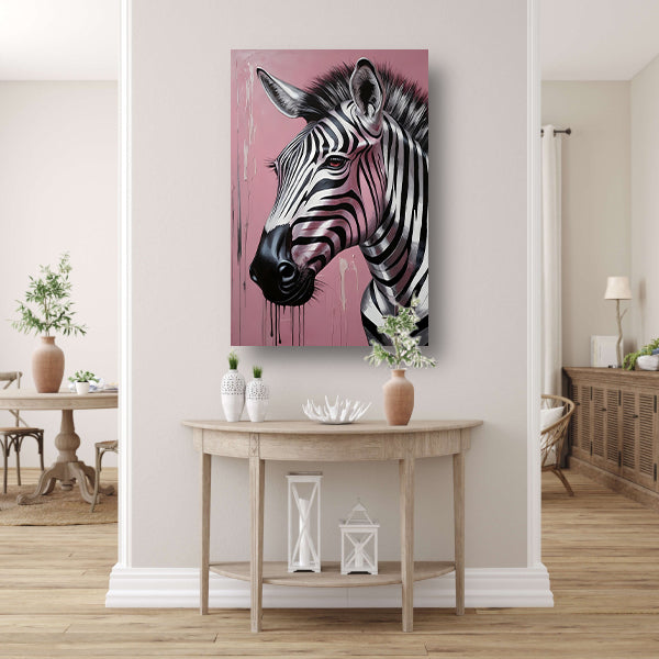 Dynamische zebra op roze met zilveren druppels poster