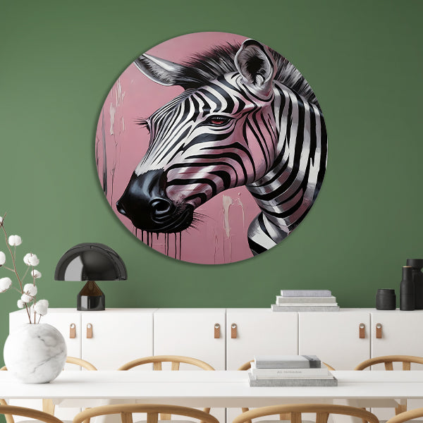 Dynamische zebra op roze met zilveren druppels forex muurcirkel