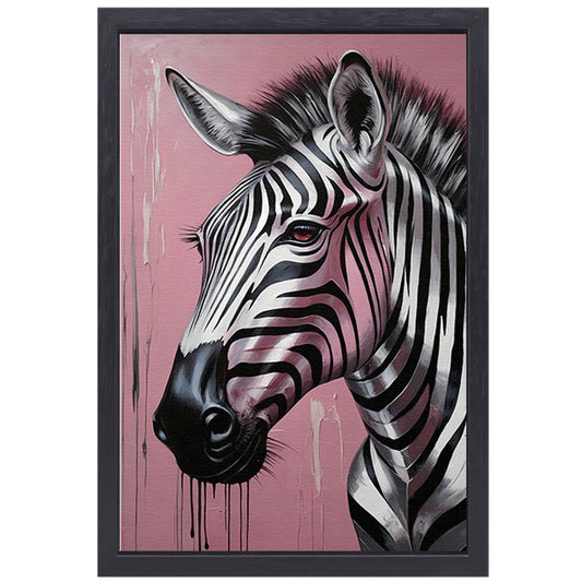 Dynamische zebra op roze met zilveren druppels canvas met baklijst