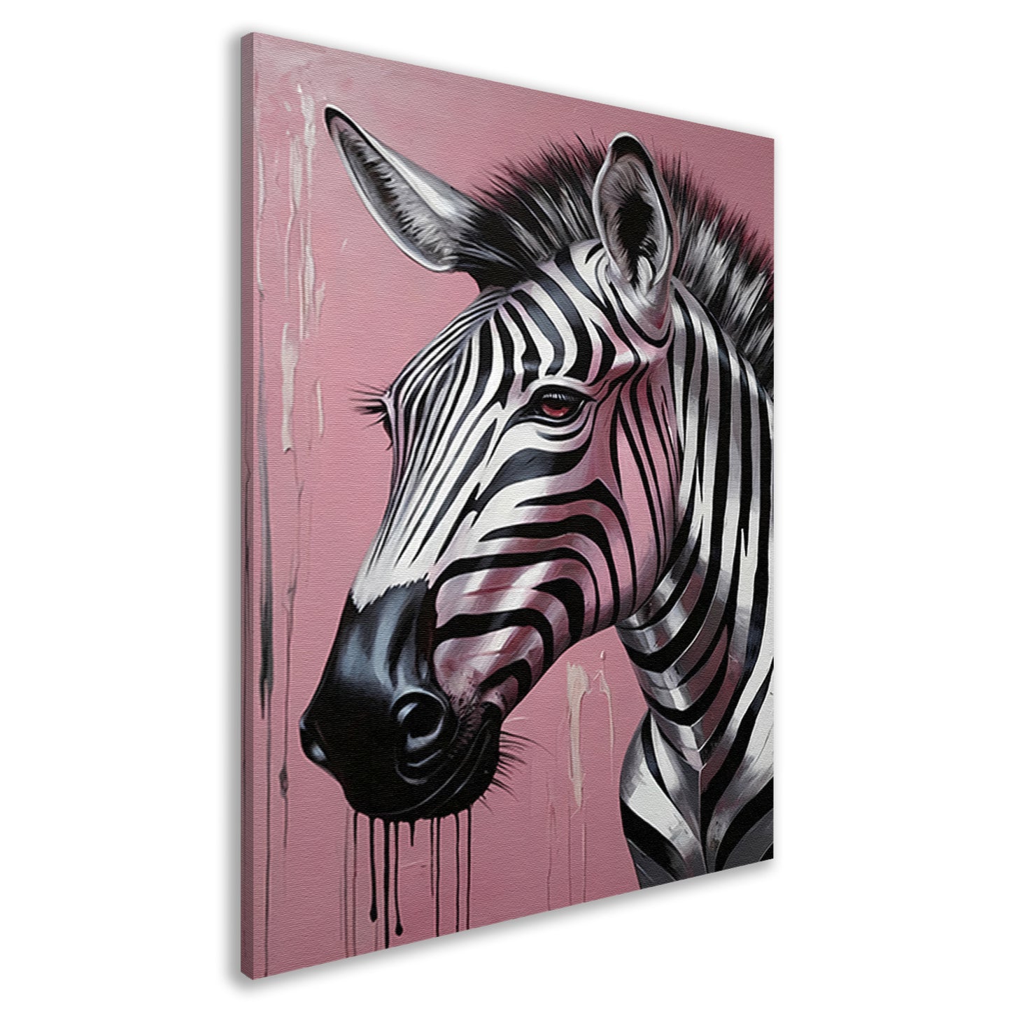 Dynamische zebra op roze met zilveren druppels canvas