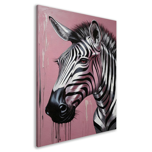 Dynamische zebra op roze met zilveren druppels canvas