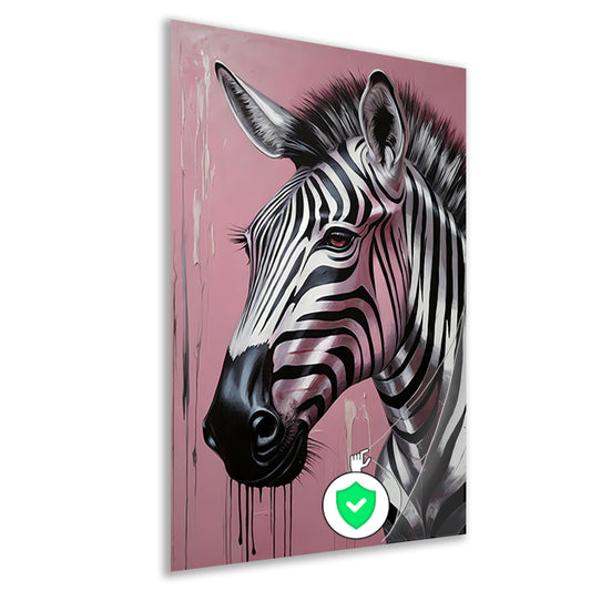 Dynamische zebra op roze met zilveren druppels poster