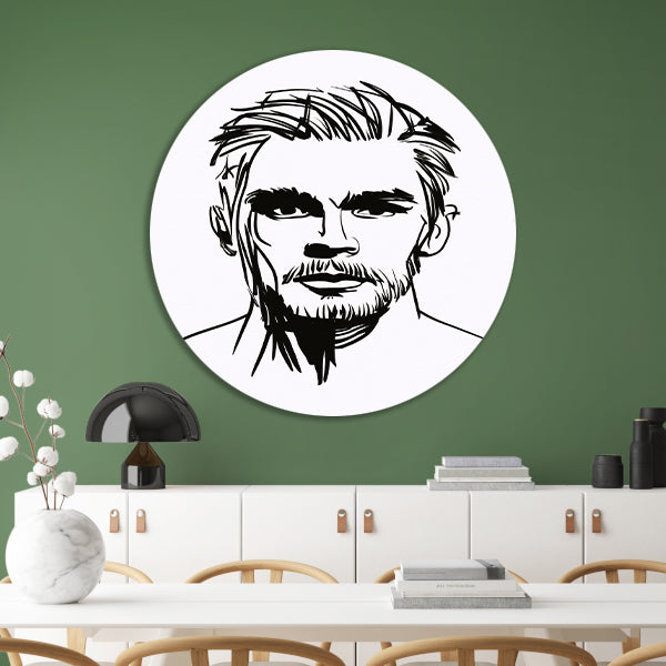 Zwart-wit lijnportret van een man met baard aluminium muurcirkel