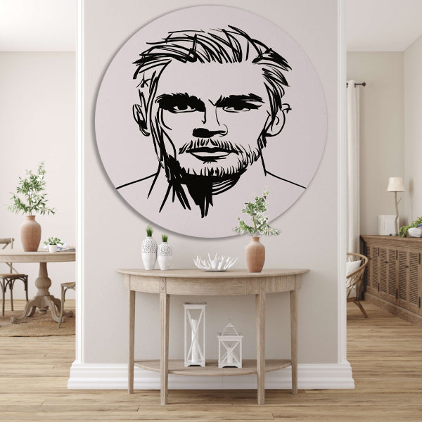 Zwart-wit lijnportret van een man met baard aluminium muurcirkel