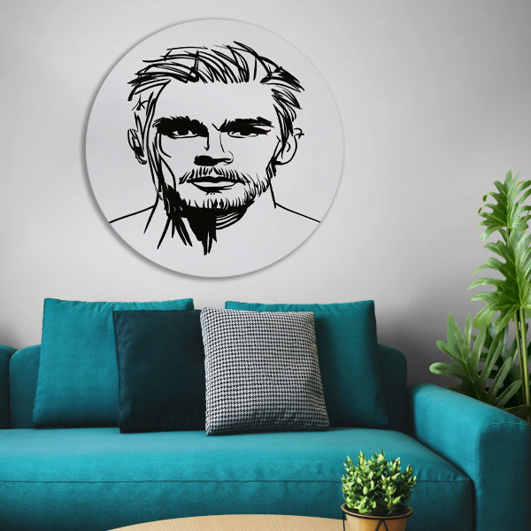 Zwart-wit lijnportret van een man met baard aluminium muurcirkel