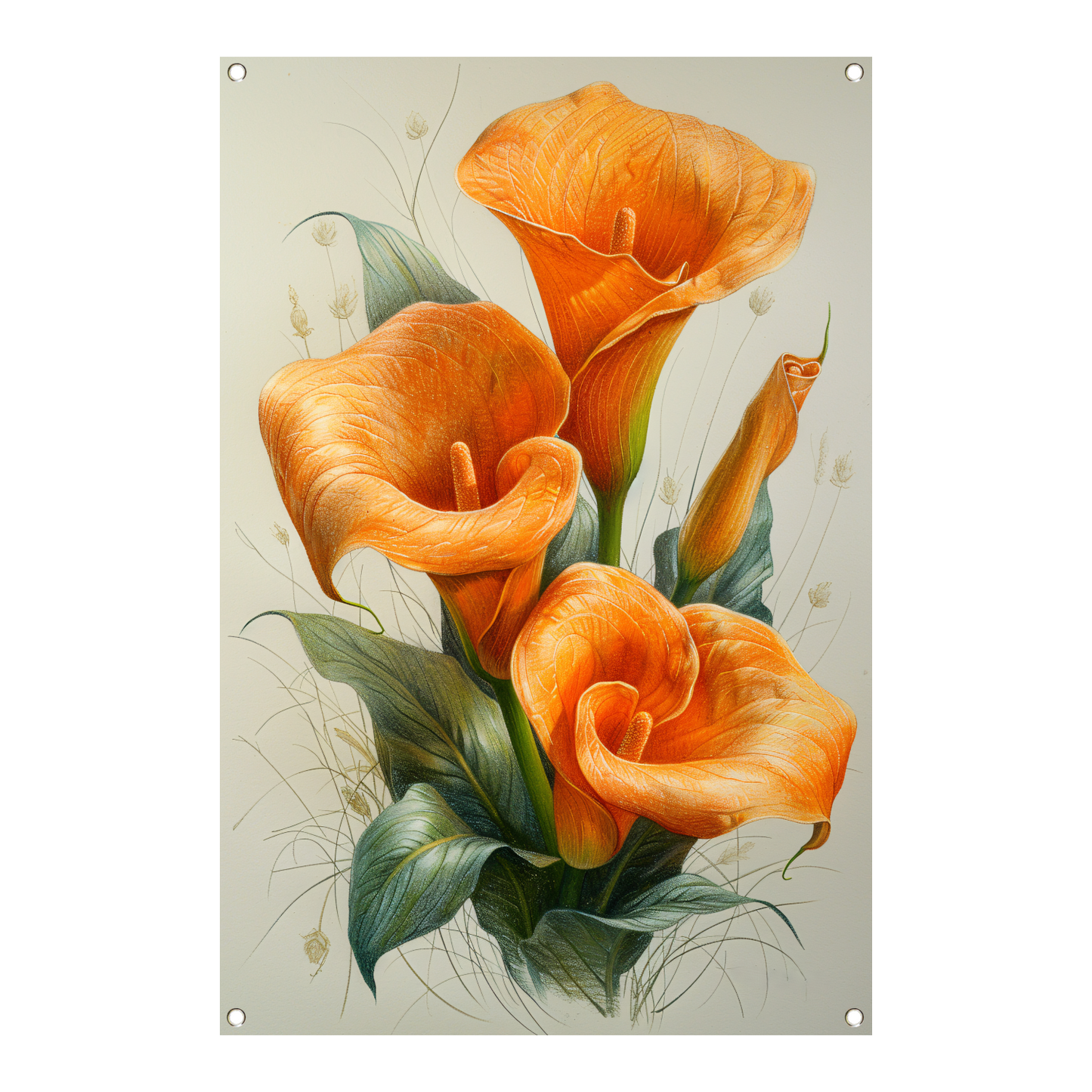 Oranje calla lelies met elegante groene bladeren tuinposter