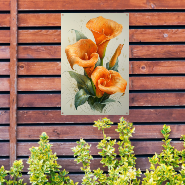 Oranje calla lelies met elegante groene bladeren tuinposter