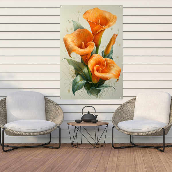 Oranje calla lelies met elegante groene bladeren tuinposter