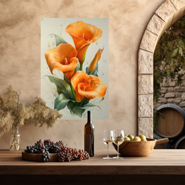 Oranje calla lelies met elegante groene bladeren tuinposter