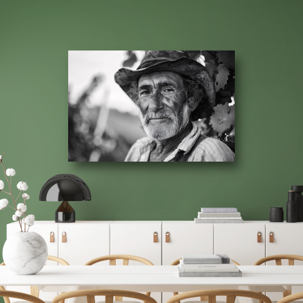 Levenstekening van een oude wijnboer canvas met baklijst