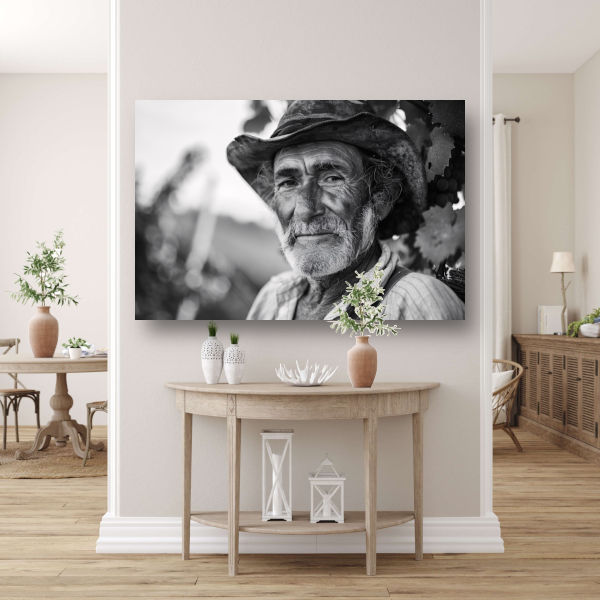 Levenstekening van een oude wijnboer canvas met baklijst