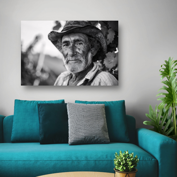 Levenstekening van een oude wijnboer canvas met baklijst