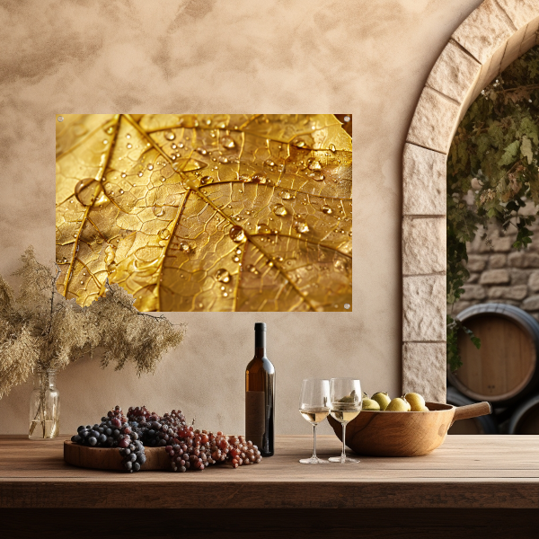 Gouden herfstblad met dauwdruppels close-up tuinposter