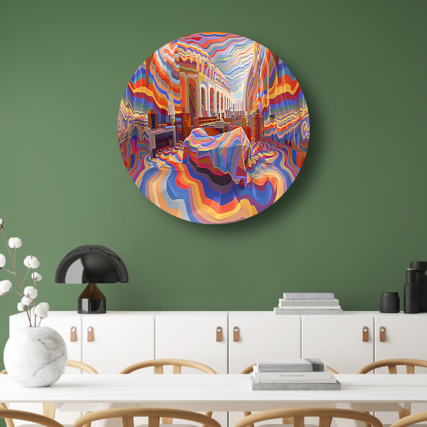 Minimalistische slaapkamer met Mondriaan-invloeden aluminium muurcirkel