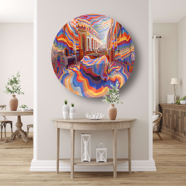 Minimalistische slaapkamer met Mondriaan-invloeden aluminium muurcirkel