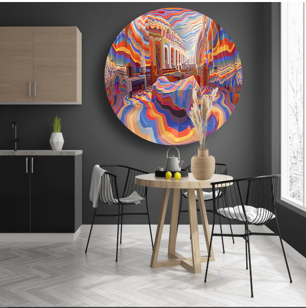 Minimalistische slaapkamer met Mondriaan-invloeden aluminium muurcirkel