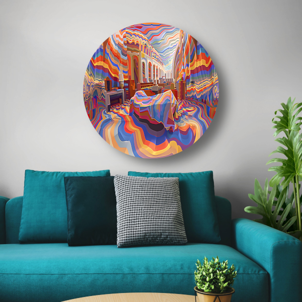 Minimalistische slaapkamer met Mondriaan-invloeden aluminium muurcirkel