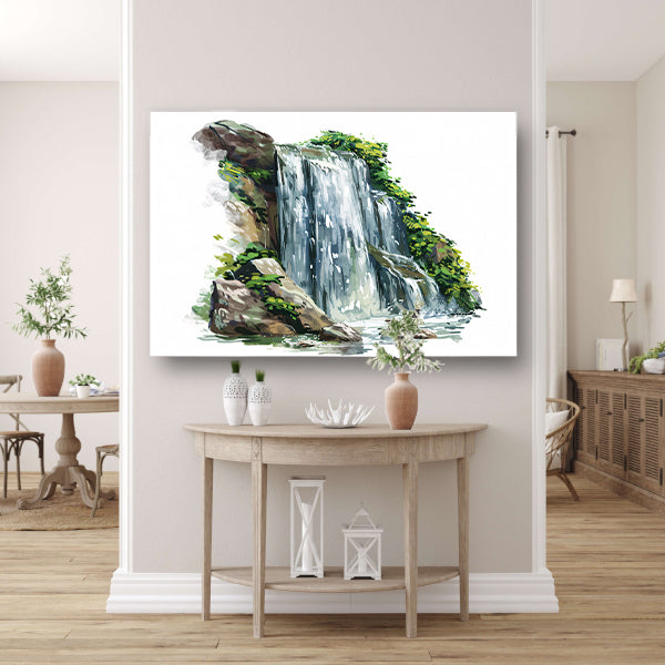 Waterval omringd door natuur en rotsenposter