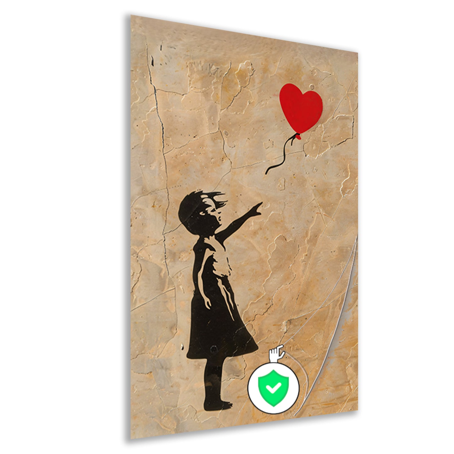 Meisje reikt naar zwevend hart op gebarsten achtergrond poster