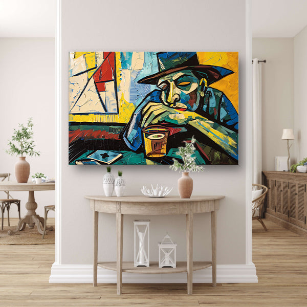 Man in café met kaart en glas acrylglas