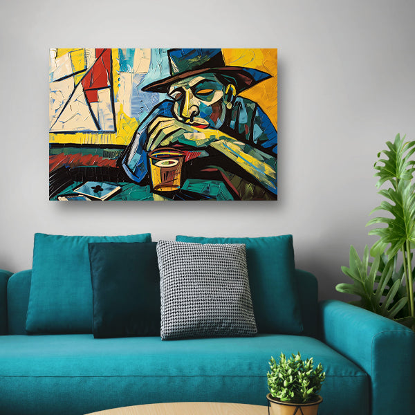 Man in café met kaart en glas acrylglas
