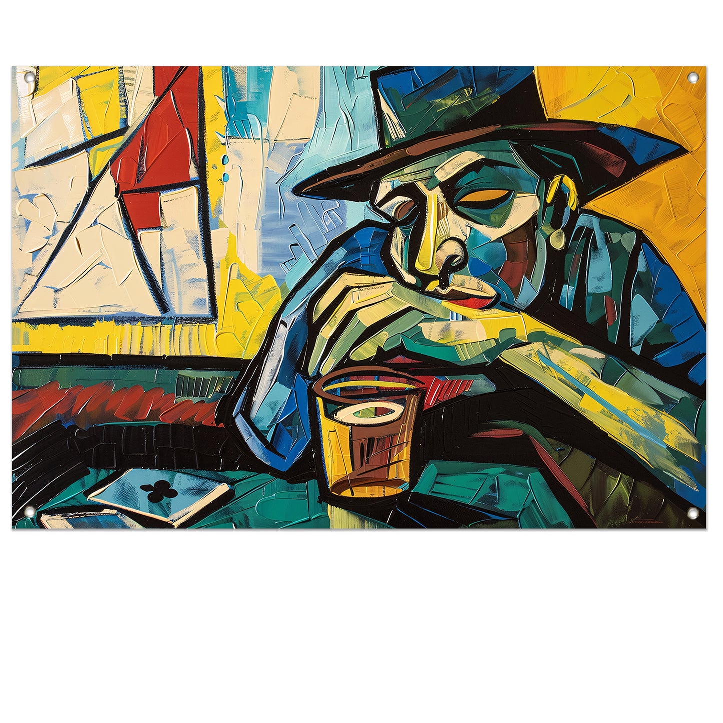 Man in café met kaart en glas tuinposter